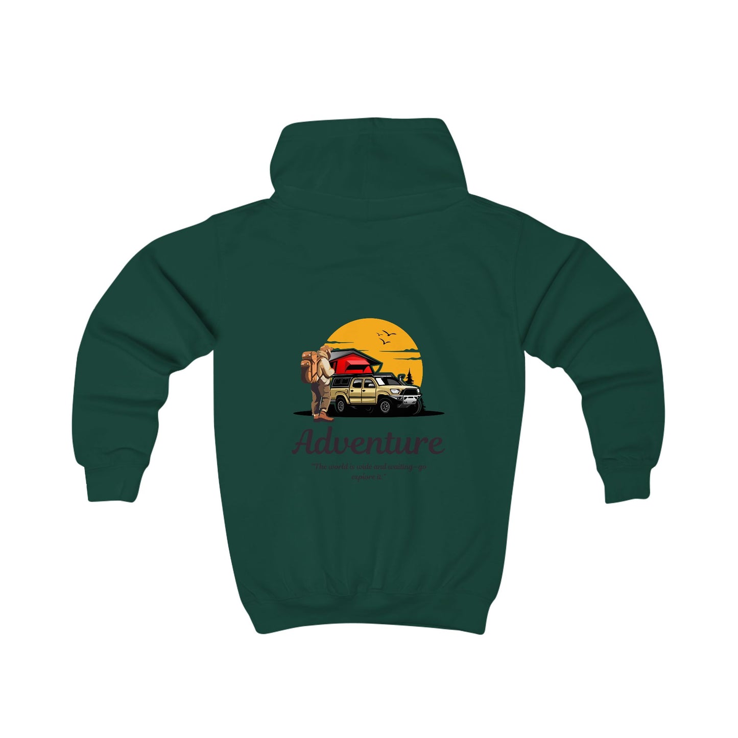 Kids Adventure Hoodie — Off-Road Truck Sunset Graphic with 'Adventure' Text