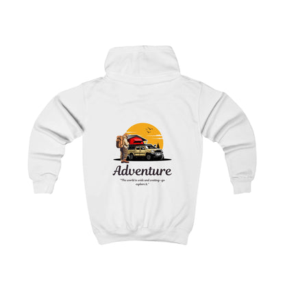 Kids Adventure Hoodie — Off-Road Truck Sunset Graphic with 'Adventure' Text