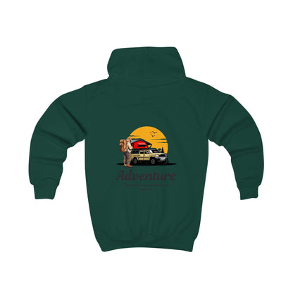Kids Adventure Hoodie — Off-Road Truck Sunset Graphic with 'Adventure' Text
