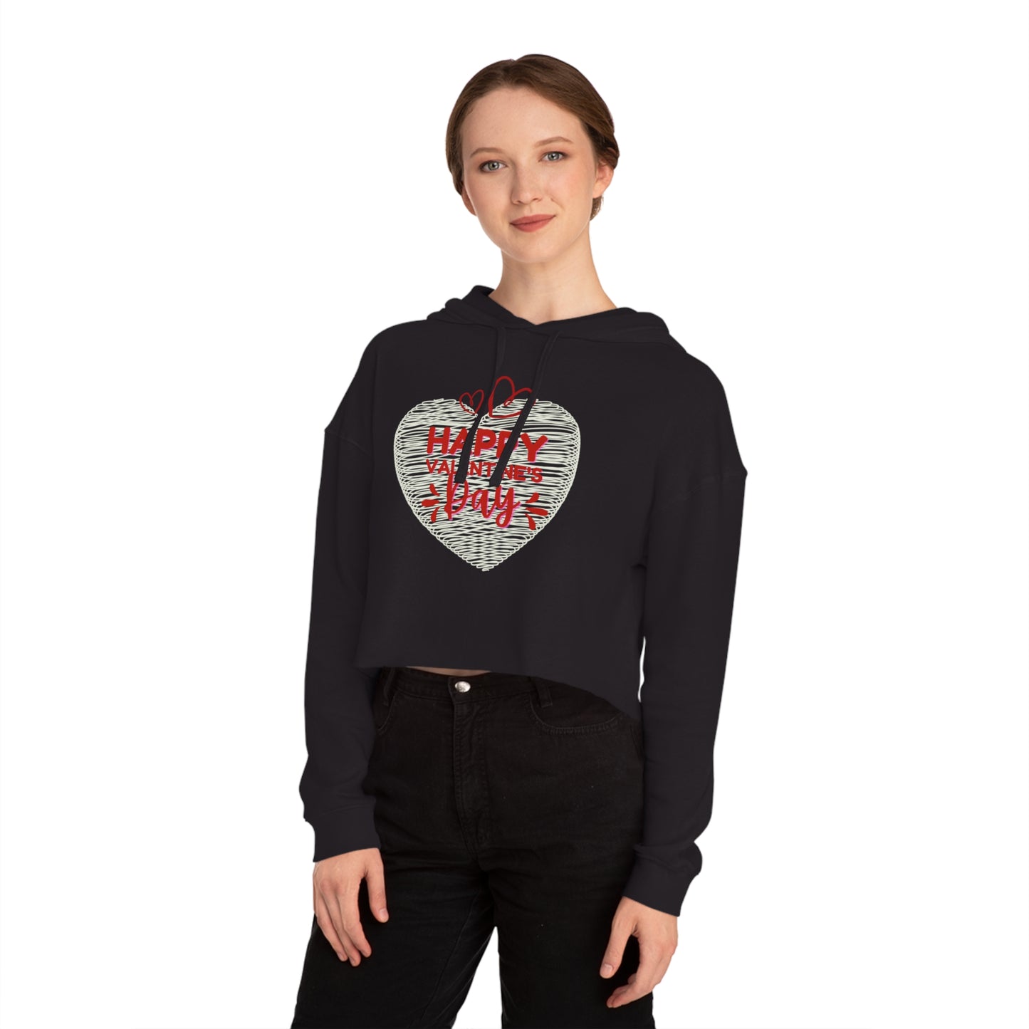 Valentine's Day Cropped Hoodie — "Happy Valentine's Day" Heart Design
