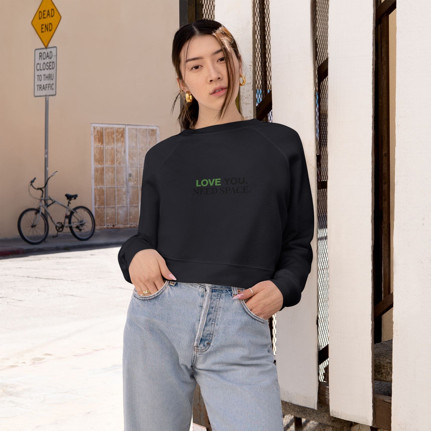 Cropped Pullover — "Love You. Need Space." Minimalist Slogan Sweatshirt