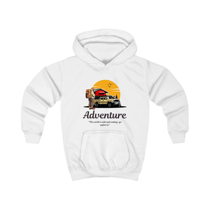 Kids Adventure Hoodie — Off-Road Truck Sunset Graphic with 'Adventure' Text