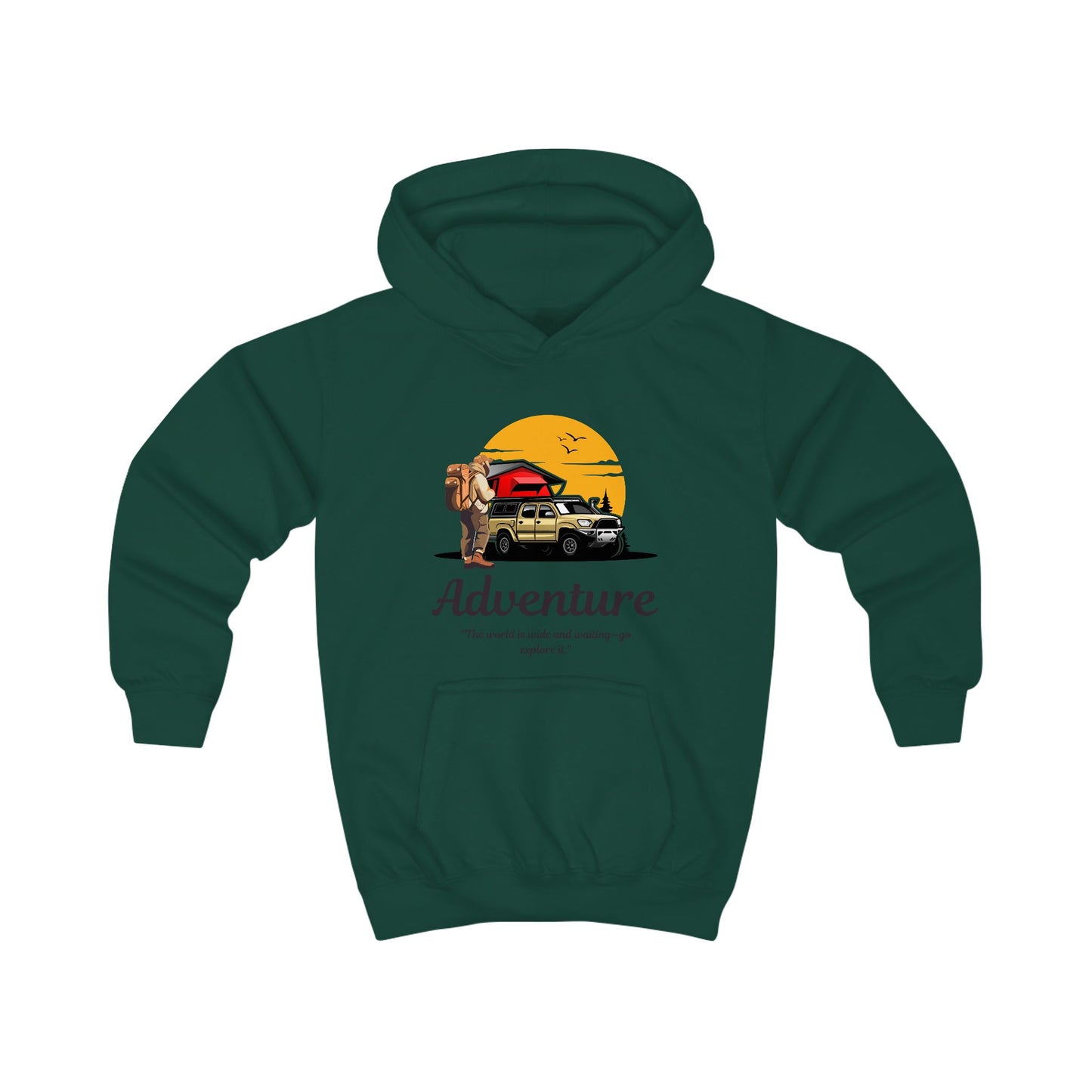 Kids Adventure Hoodie — Off-Road Truck Sunset Graphic with 'Adventure' Text