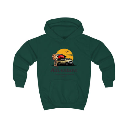 Kids Adventure Hoodie — Off-Road Truck Sunset Graphic with 'Adventure' Text