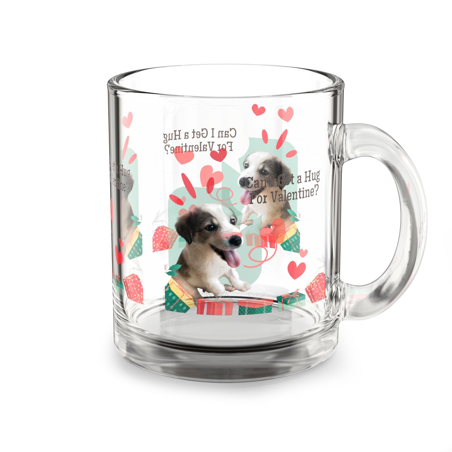 Valentine Puppy Glass Mug – "Can I Get a Hug for Valentine?" 10oz
